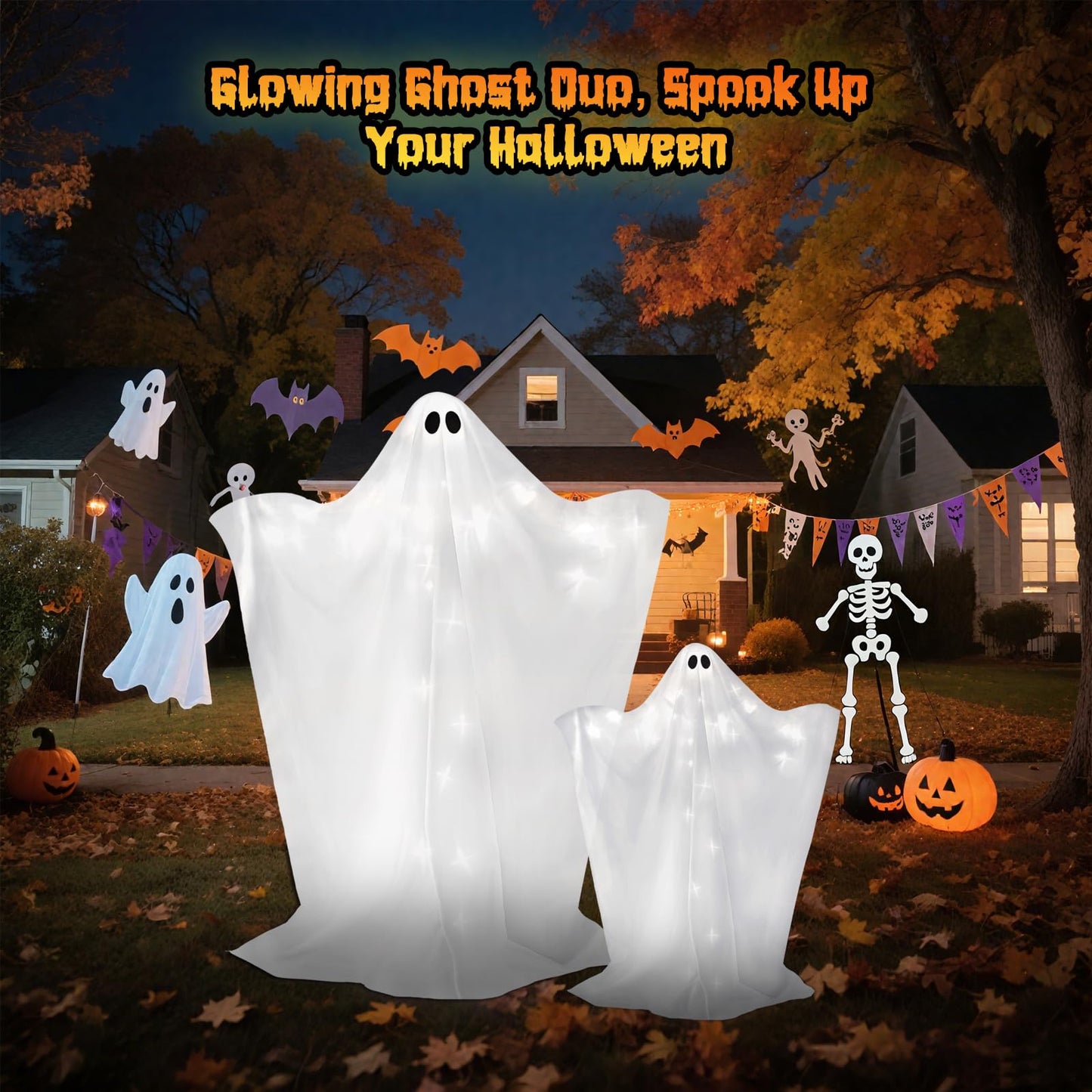 2 Pack Halloween Ghosts Outdoor Large 60'' & 36'' White Outdoor Ghost Decorations with String Lights Scary Ghosts Halloween Decorations Light Up Ghost Kit for Garden Porch Yard Party (White)