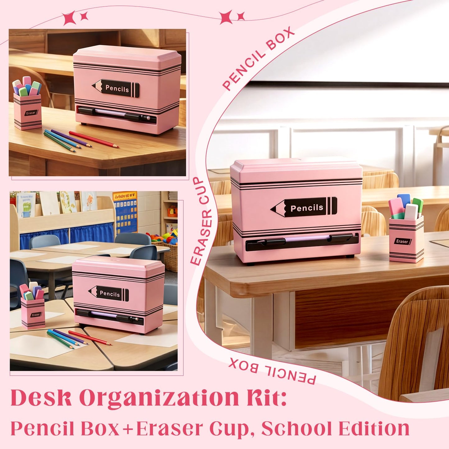 Gueevin 2pcs Pencil Dispenser for Classroom, Fun Desk Organizer with Eraser Holder, Interactive Pencil Storage for Teachers, Students & Homeschool Desk Organizer, Back to School Supplies(Pink)
