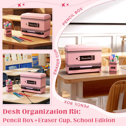 Gueevin 2pcs Pencil Dispenser for Classroom, Fun Desk Organizer with Eraser Holder, Interactive Pencil Storage for Teachers, Students & Homeschool Desk Organizer, Back to School Supplies(Pink)