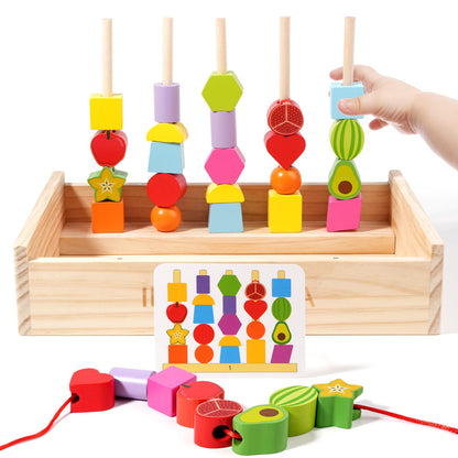 INIFEIDALA Montessori Toys for 3 4 5 Year Old,Stacking Blocks,Lacing Beads & Shape Stacker,Wooden Beads Sequencing Toy Set,Fine Motor Skills & STEM Preschool Learning Gifts for Toddlers Boys & Girls