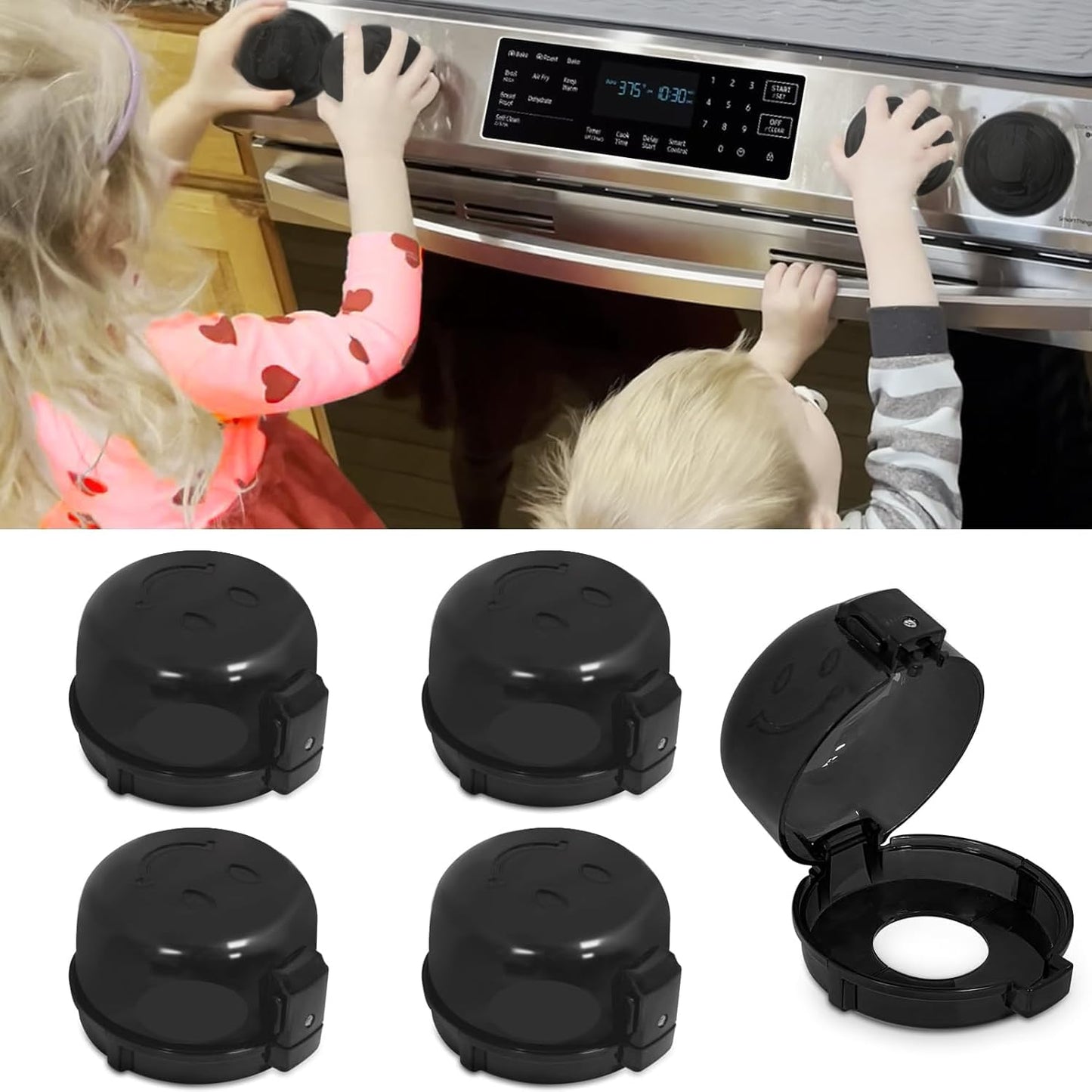 Childproof Stove Knob Safety Covers, Oven Knob Covers for Child Safety 5 Pack, Black Stove Knob Covers & Gas Stove Locks,Heat-Resistant Adhesive,Double-Key Baby Proof Covers for Gas/Electric Burner