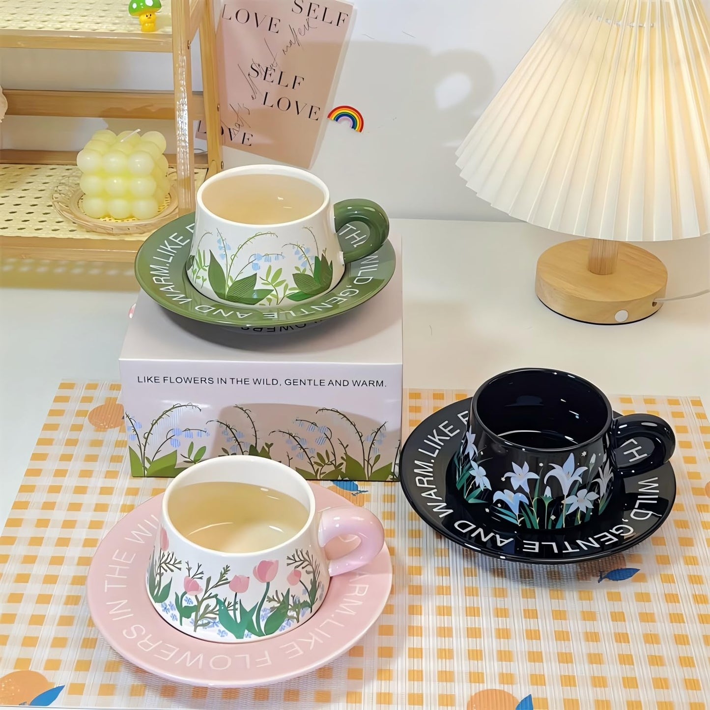 EWCEFIC Cute Ceramic Coffee Mug and Saucer Set for Women, Spring Floral Embossed Design, 9.5oz/280ml, Perfect for Home, Office & Holiday Gifts (Pink Tulip)