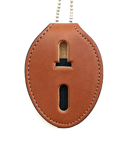 Perfect Fit Universal Oval Police Badge Holder Shield with Metal Belt Clip and Bead Chain Necklace, Hook and Loop Closure, Tan Leather