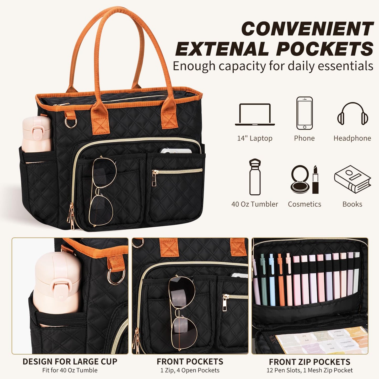 KOPKOFT Large Bible Cover Case for Women, Quilted Church Tote Bag with Shoulder Strap, Bible Study Supplies Journaling Kit Bible Accessories, Christmas Christian Gift for Women (Black)