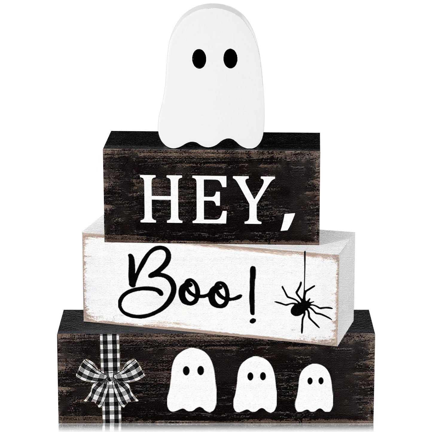 Cinnvoice 4 Pcs Halloween Table Decorations Ghost Tiered Tray Decor Farmhouse Ghost Tabletop Centerpiece Rustic Wooden Block Sign Gift Halloween Decor for Home Office Mantel Kitchen Shelf(Pretty)