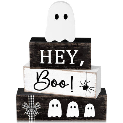Cinnvoice 4 Pcs Halloween Table Decorations Ghost Tiered Tray Decor Farmhouse Ghost Tabletop Centerpiece Rustic Wooden Block Sign Gift Halloween Decor for Home Office Mantel Kitchen Shelf(Pretty)