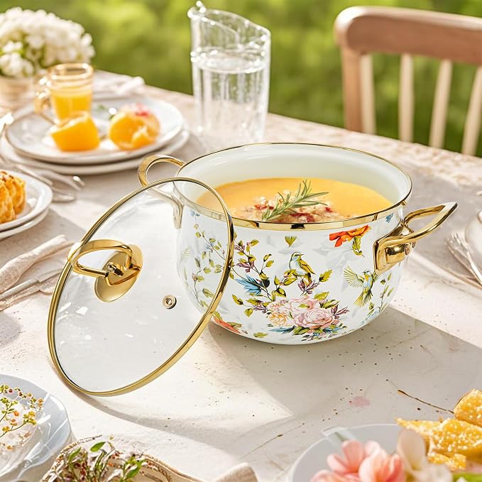 SOUJOY 2.8 Quart Enamel Stockpot with Glass Lid, Vintage Floral Soup Pot, Non-Stick Bean Stew Simmer Pot with Handle for Kitchen, Induction & Gas Stove Safe, Mother's Day, Wedding, Christmas Gift