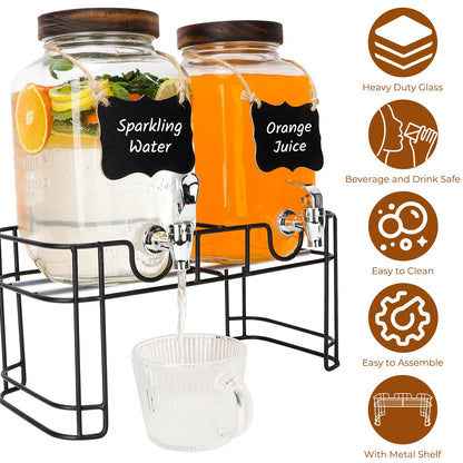 Waymind 1 Gallon Glass Drink Dispensers with Wood Lid, 2 Pack Clear Beverage Dispenser with Stand and Spigot for Parties, Lemonade Dispenser with Markers and Chalkboard for BBQ, Picnic
