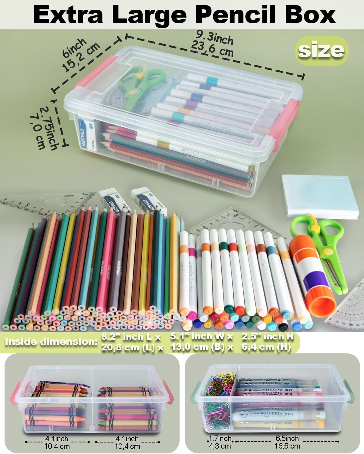 GEOPHIA 12 Pack Extra Large Pencil Box with Removable Divider, Thickened Pencil Case Bulk, Clear Crayon Marker Organizer Stackable Plastic Small Storage Containers for Pen Craft School Supplies, Multi