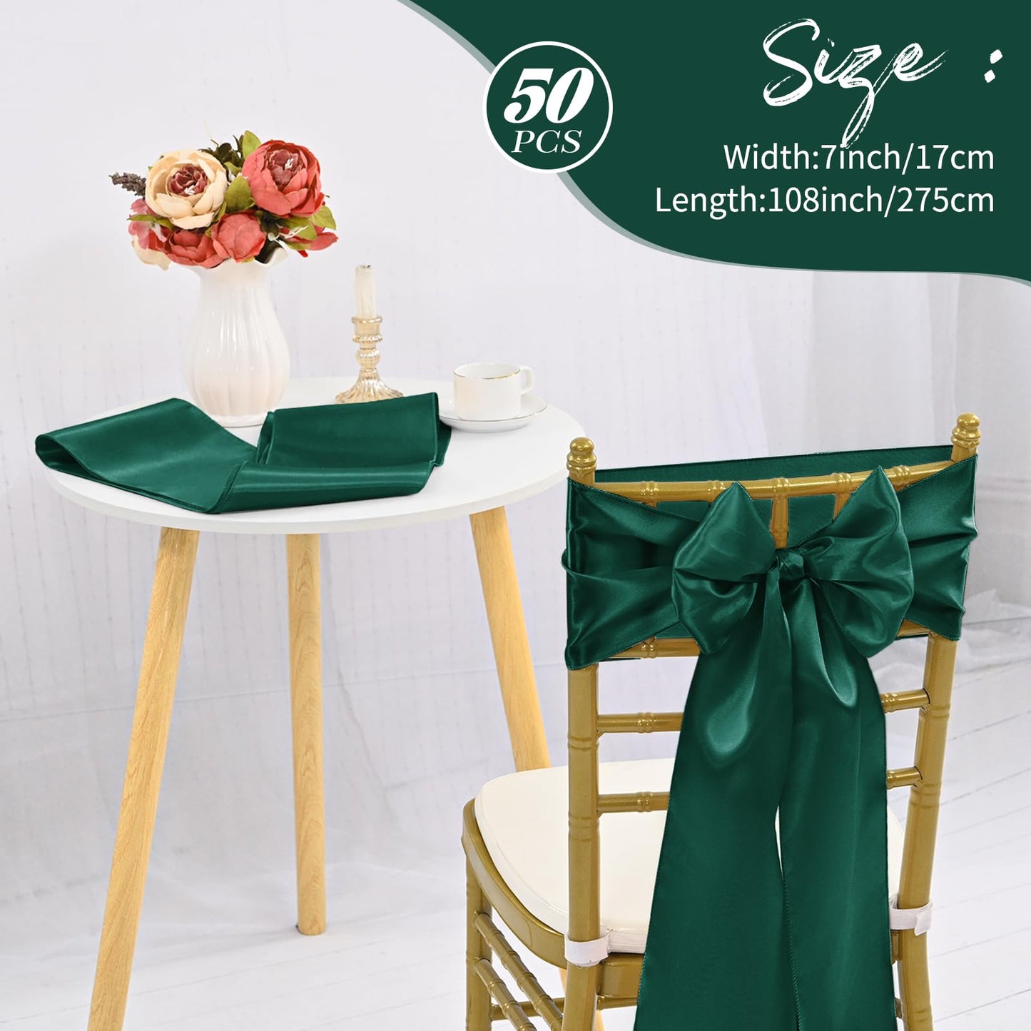 LOKUME Satin Chair Sashes - Dark Green Ribbon Ties for Wedding, Birthday, Banquet & Event Decoration (50 PCS, 7 x 108 Inch)