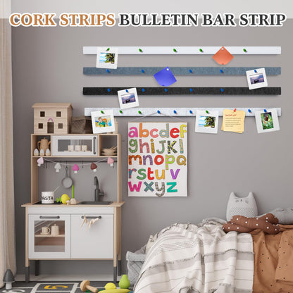 Mooliwe 4 Pcs 48" x 1" Felt Cork Bulletin Bar Strips for Wall, Self-Adhesive Notice Board Strips, Wall Decor for Notes, Photos, Schedules, Office & Home Use (Silver Black White Grey)