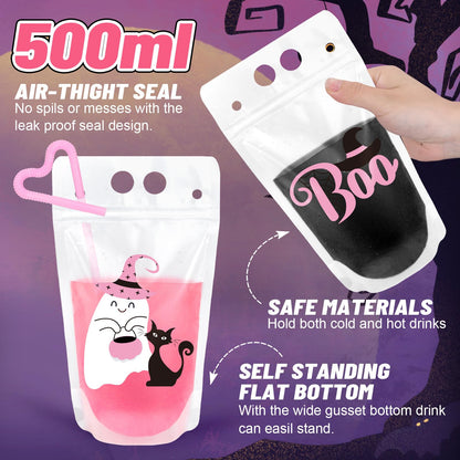 JarThenaAMCS 36 Set Halloween Drink Pouches Pink Black Cute Clear Plastic Juice Pouches 4 Designs Drink Bags Handheld with Straws for Halloween Birthday Baby Shower Party Adults Alcohol
