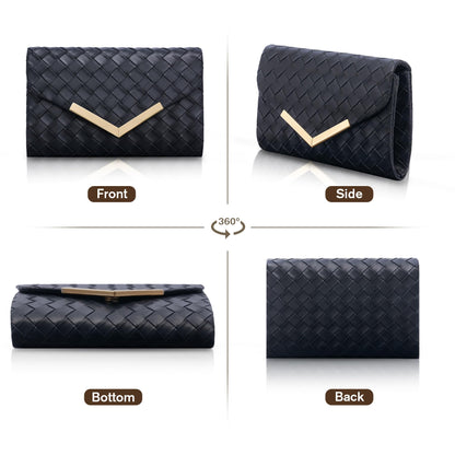 Larcenciel Clutch Purse for Women, Woven Black Leather Evening Bag w/Chain Strap, Formal Envelope Clutch Handbag, Elegant Crossbody Shoulder Party Bags for Wedding, Prom, Cocktail Night, Date, Dinner