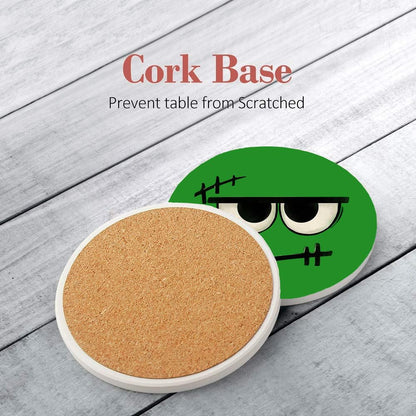 Nicegod Happy Halloween Coasters Set of 6, Round Absorbent Ceramic Coaster, with Metal Holder and Cork Base, Spooky Face Monster Coasters for Coffee Table Home Decor Kitchen Housewarming Gifts