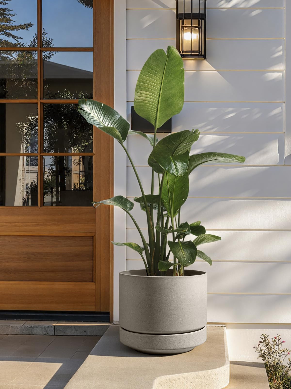 LE TAUCI Large 14 Inch Plant Pot with Saucer | Ceramic Outdoor & Indoor Big Planter Pot | Drainage Hole, Mesh Pad | Unglazed Porous | Modern Minimalist for Home and Patio – Neutral Gray