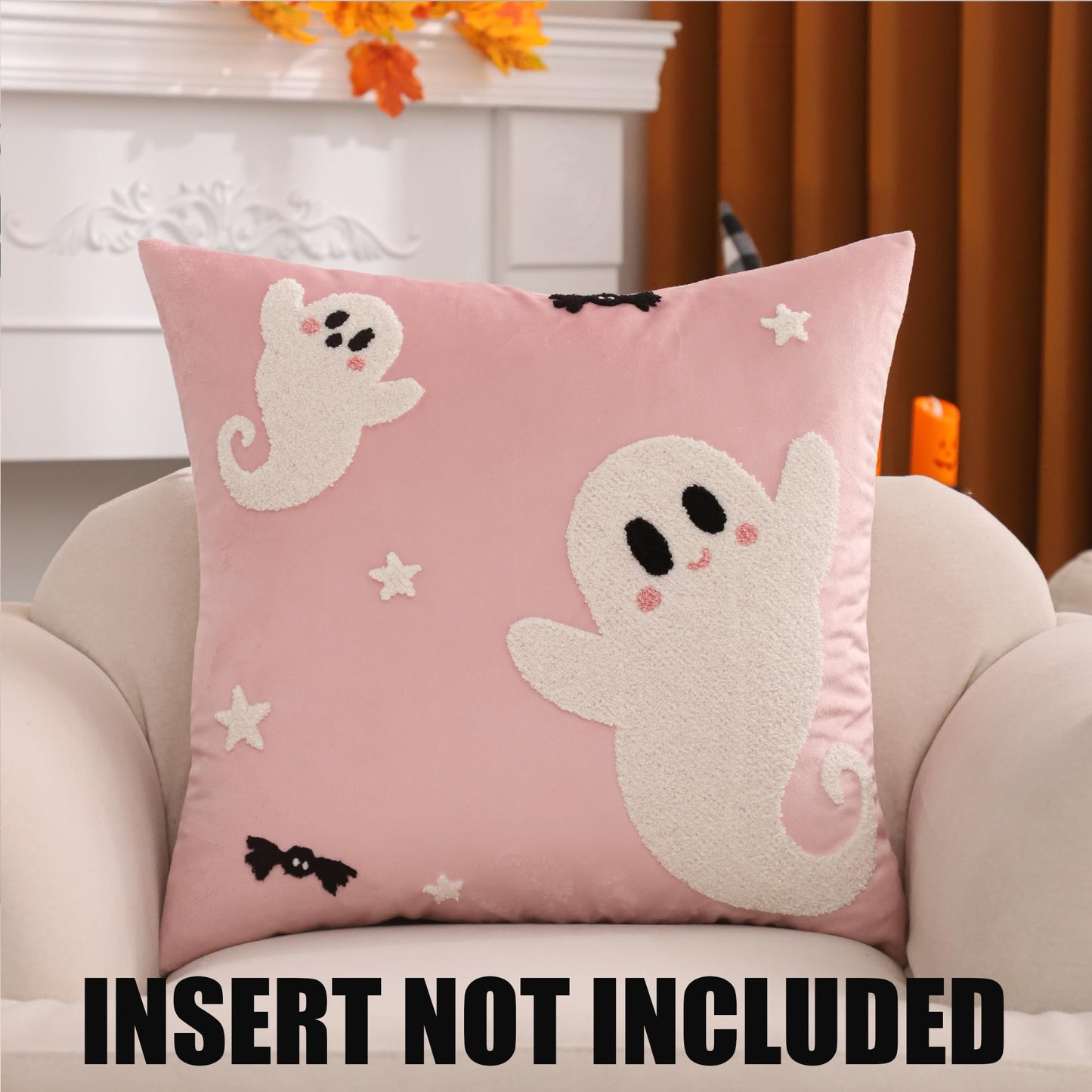 Tosleo Halloween Throw Pillow Covers 18x18 inch Set of 2 Halloween White Spooky Ghosts Embroidered Pillow Cases Thanksgiving Home Party Fall Decor Pillowcases Square Pink Velvet Cushion Covers