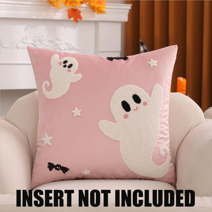 Tosleo Halloween Throw Pillow Covers 18x18 inch Set of 2 Halloween White Spooky Ghosts Embroidered Pillow Cases Thanksgiving Home Party Fall Decor Pillowcases Square Pink Velvet Cushion Covers