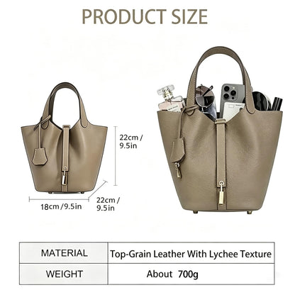 HRANRA Genuine Leather Lock Design Bucket Bag for Women, Vegetable Basket Fashionable Versatile Handbag (Grey)
