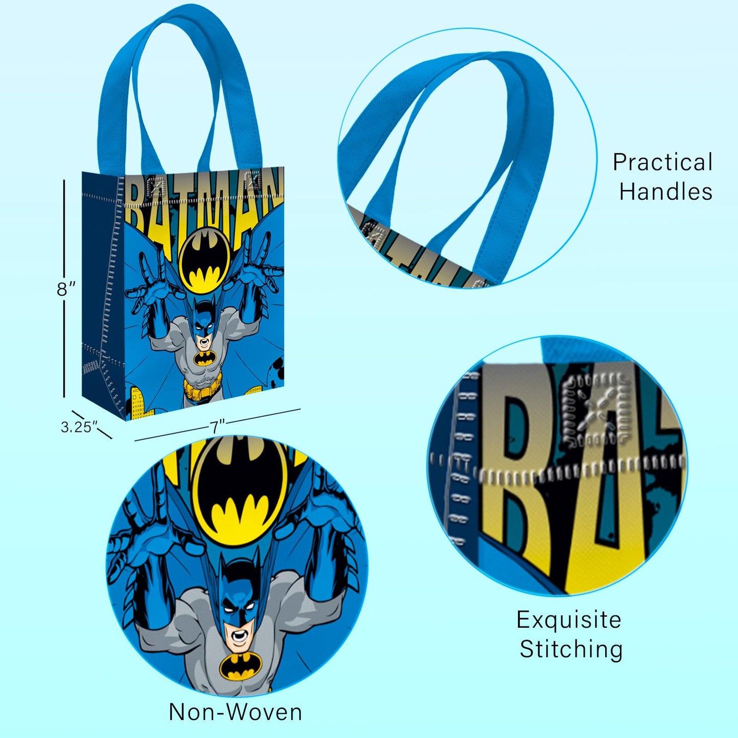 Batman Party Favor Set – 12 Pack of 8" Goodie Bags for Kids Bulk Reusable Mini Totes | Batman Birthday Party Supplies