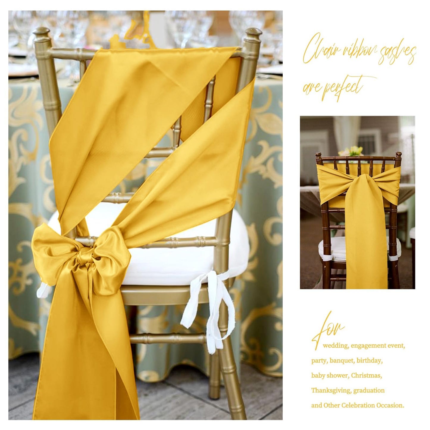 fani 120 PCS Satin Chair Sashes, Bows Designed ChairSashes, 7x78 inch Chair Sashes for Aisle Decorations Universal Chairs Cover Decoration for Wedding Reception Party Banquet (Gold)