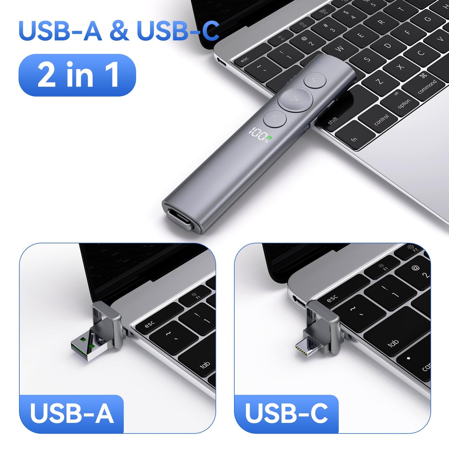 Rechargeable Presentation Clicker with Green Laser Pointer for PowerPoint, Power Display Wireless Presenter Remote with USB-A & USB-C Dongle, Slide Advancer for Mac, Windows, Laptop, Classroom, Office