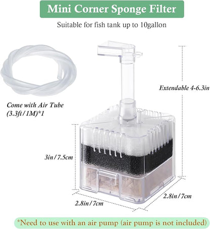 Mini Air-Powered Aquarium Sponge Filter, Corner Spong Filter for 1-10Gallon Fish Tank with Multi Filter Media, for Small Fish, Betta, Shrimp, Fry