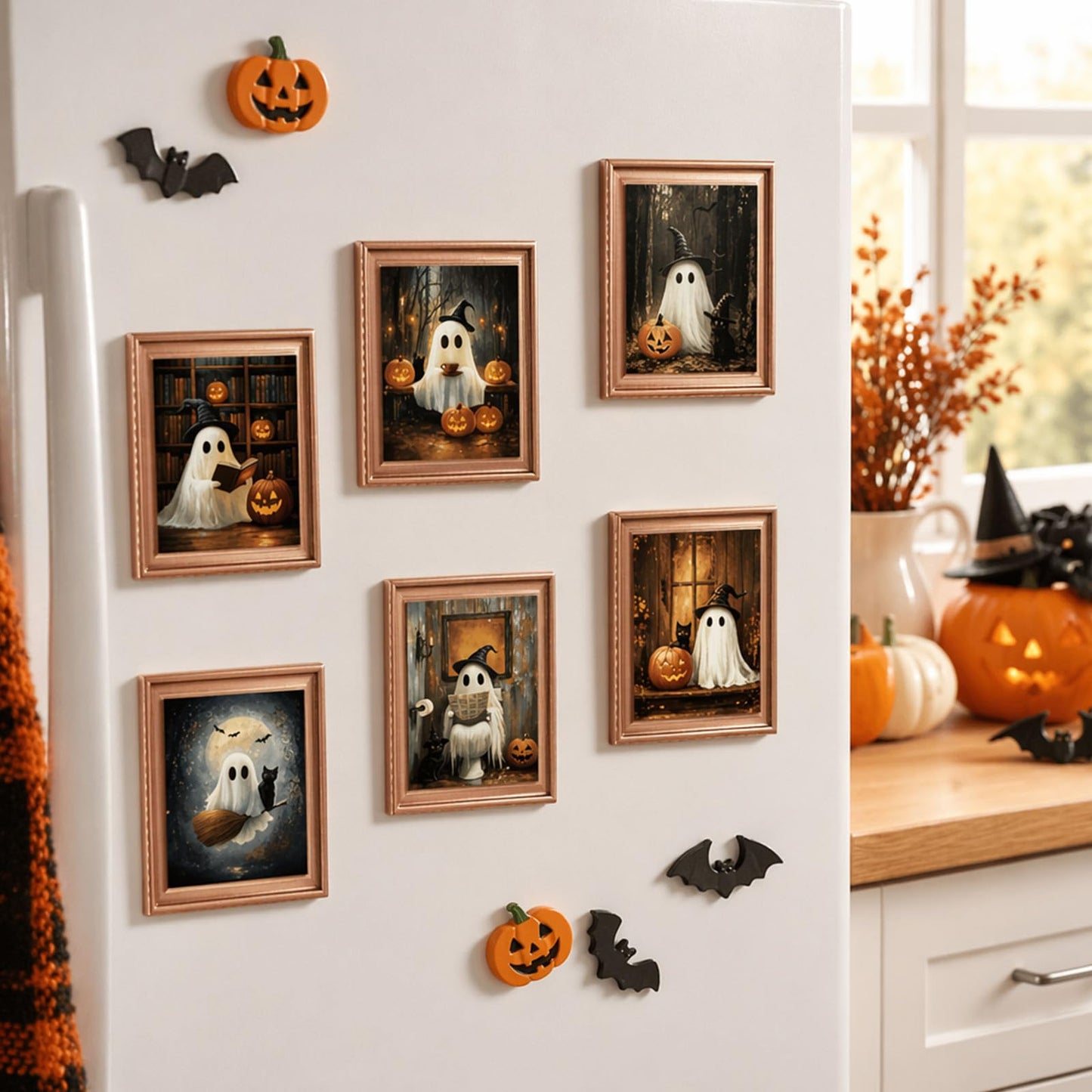 Whaline 6 Pcs Halloween Refrigerator Magnets Cute Ghost Black Cat Pumpkin Mini 3D Art Frame Magnets Spooky Fridge Magnetic Stickers Decal for Party Kitchen Home Cruise Door Locker Decor