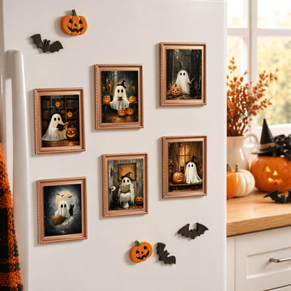 Whaline 6 Pcs Halloween Refrigerator Magnets Cute Ghost Black Cat Pumpkin Mini 3D Art Frame Magnets Spooky Fridge Magnetic Stickers Decal for Party Kitchen Home Cruise Door Locker Decor