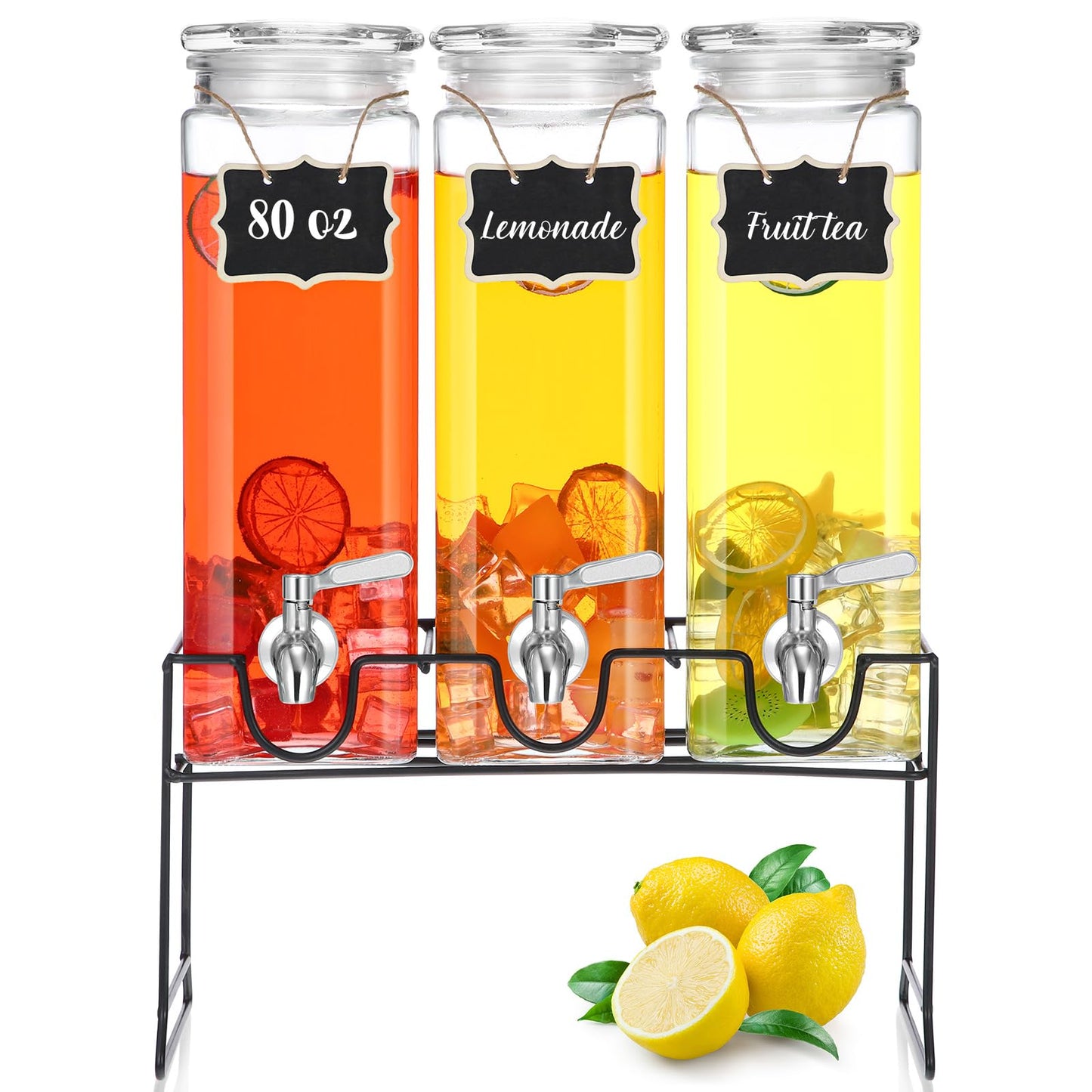 RimCereal 3 Pack 80 oz Tall Glass Drink Dispenser with Stand, Lid, Label and Stainless Steel Leakproof Spigot Beverage Water Dispenser Clear Mason Jar for Party Fridge(Square)