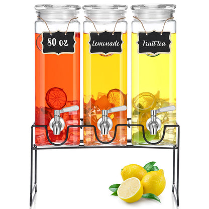 RimCereal 3 Pack 80 oz Tall Glass Drink Dispenser with Stand, Lid, Label and Stainless Steel Leakproof Spigot Beverage Water Dispenser Clear Mason Jar for Party Fridge(Square)