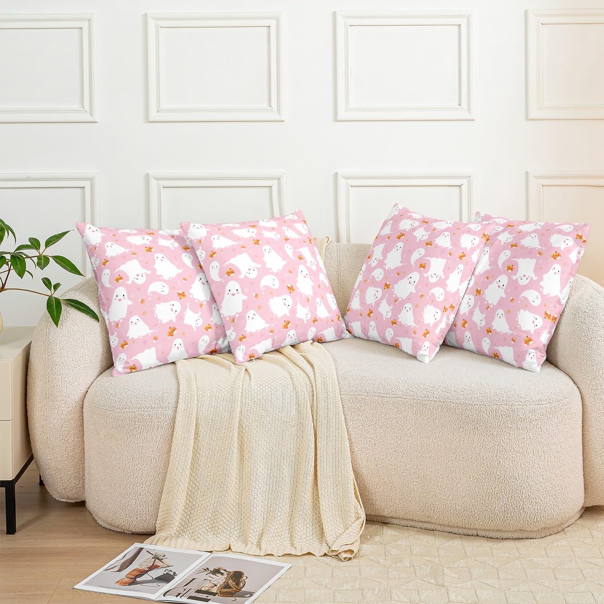Feelyou Kids Pink Ghost Throw Pillow Covers 20"x20" Set of 4 Soft Kawaii Halloween Pillow Cases Cushion Covers Cute Trick or Treat Decorative Throw Pillowcases Women Men Cushion Cases