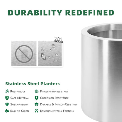 Longrun 11.8 Inch Dia Round Planter, Modern Indoor Outdoor Large Stainless Steel Plant Pot and Plant Caddy with Wheels for Home Patio Garden, Easy to Clean and Move