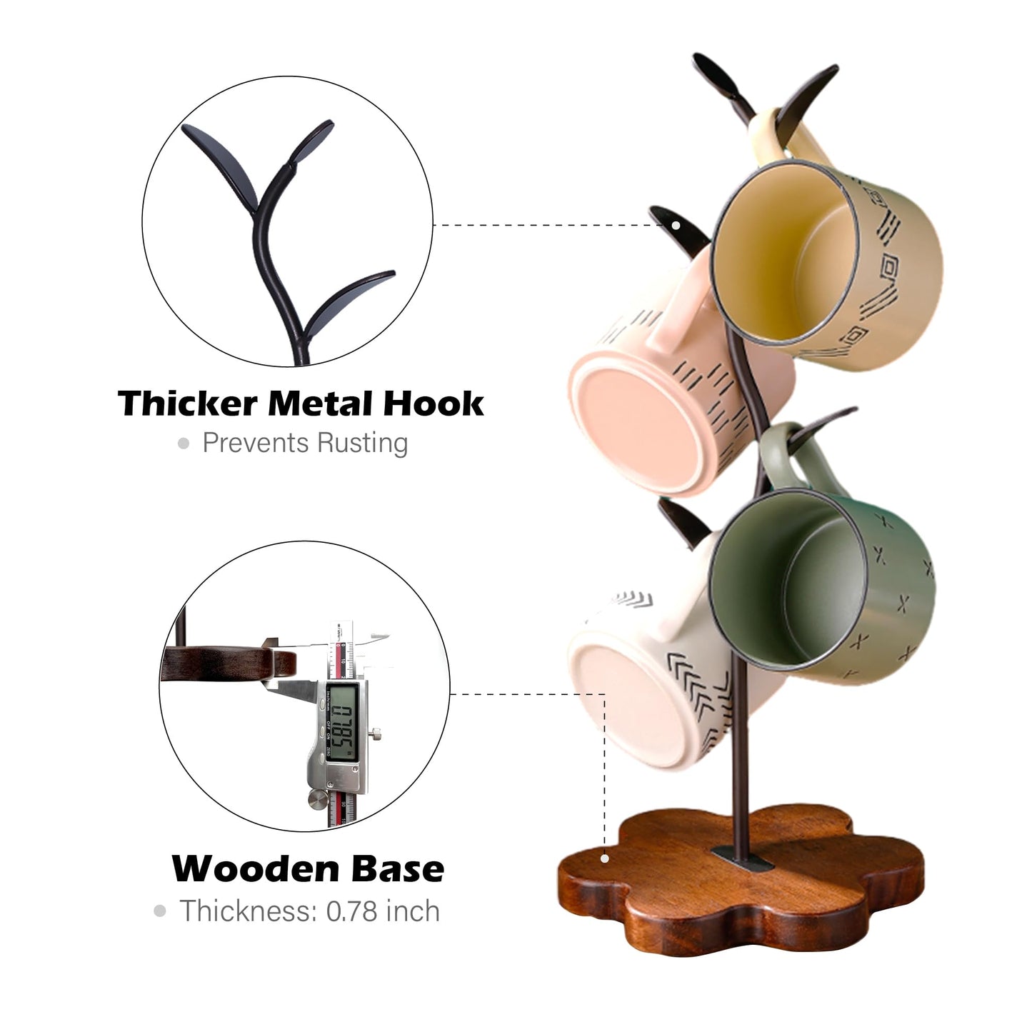 Bellglee Mug Tree for Coffee Cups – Rustic Mug Holder Stand with 4 Hooks, Countertop Cup Rack for Coffee Bar & Kitchen Organization