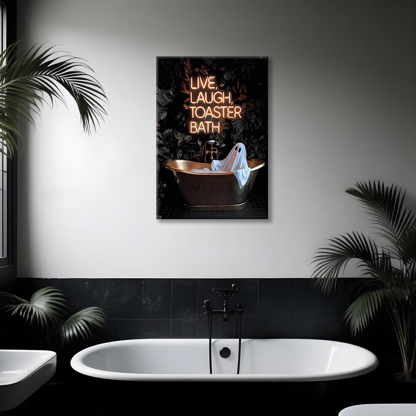 Gothic Ghost Wall Art Funny Live Laugh Toaster Bath Posters Dark Academia Halloween Decor Spooky Witchy Canvas Cute Ghost in Bathtub Prints Pictures for Bathroom Restroom Neon Sign 12x16inch Unframed