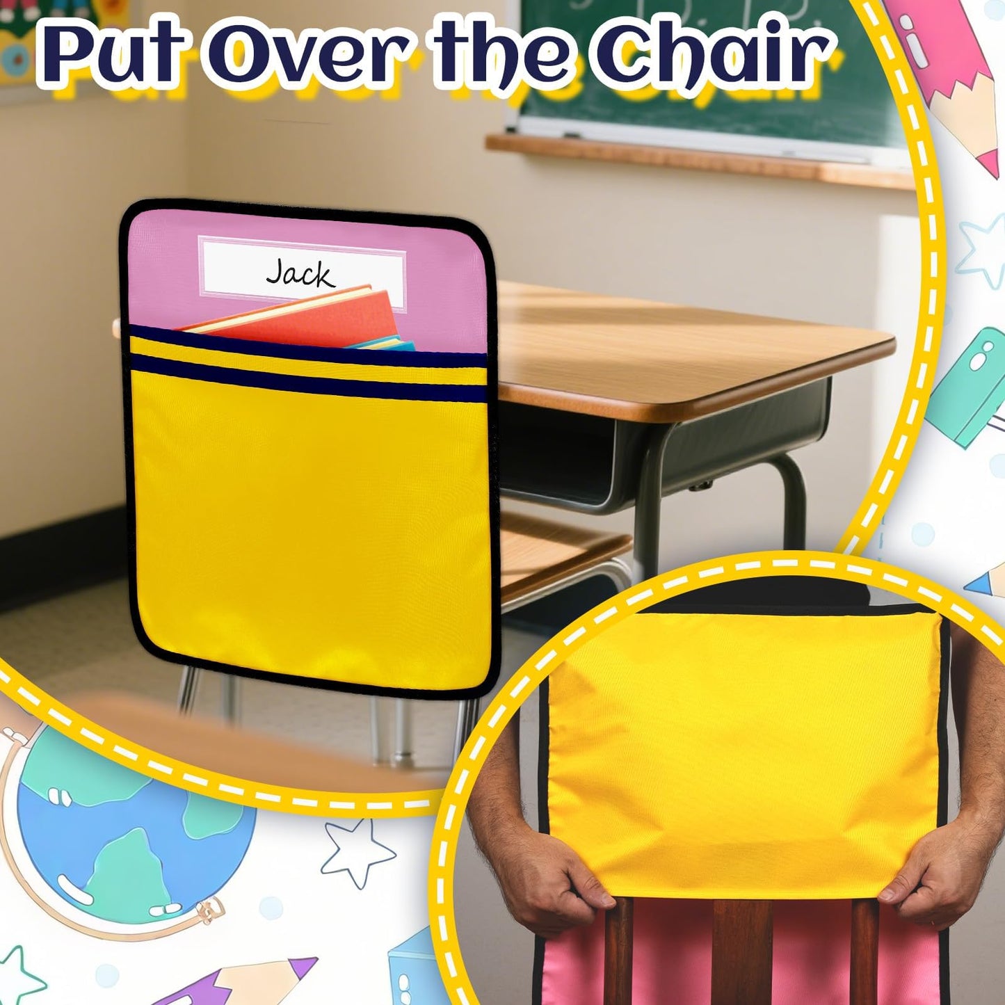 24Pcs 17 * 19 Inch Classroom Seat Back Organizer, Back to School Chair Pockets with Name Tag, Chair Hanging Bag Seat Sacks Suitable for Families Kindergarten Primary School After-School Care Room