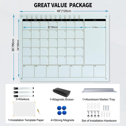 Magnetic Glass Whiteboard Calendar 48"x36" Glass Dry Erase Calender Board 36"x48" Monthly Plan White GlassBoard Wall Mounted for Office School Home (White)