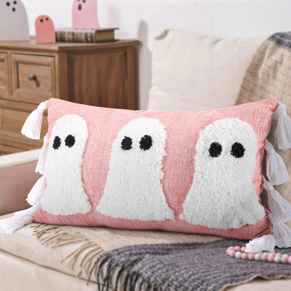 Yuntau Halloween Ghost Throw Pillows Cover Decorative Pink Ghost Shaped Pillowcase Embroidery Cushion Cover Cute Halloween Decorations for Home Bedroom Bed Sofa Living Room Outdoor Party Decor