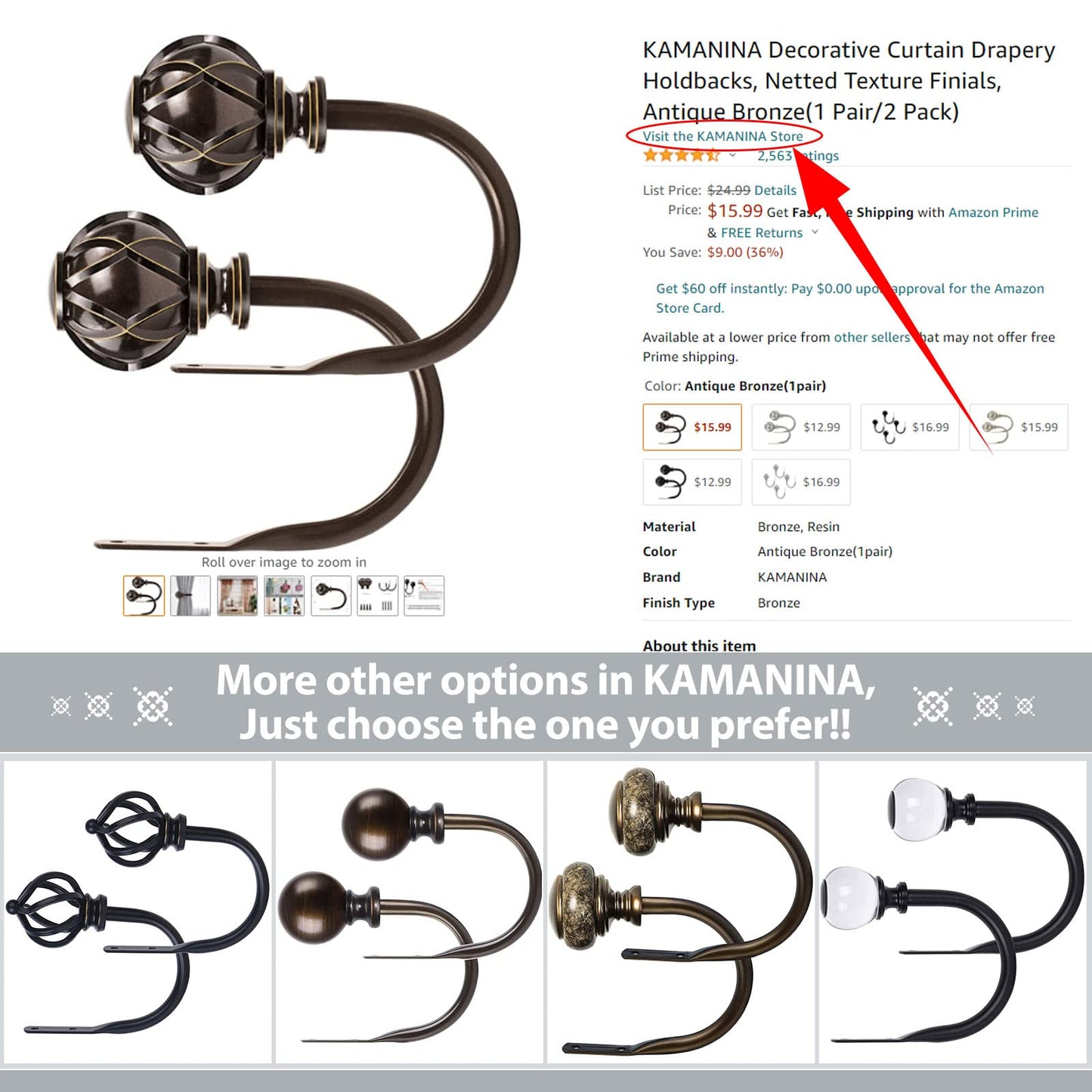 KAMANINA Decorative Curtain Drapery Holdbacks, Curtain Tiebacks Hooks with Screws Wall Mounted, Netted Texture Finials for Drapes Window Home Decoration, Bronze (1 Pair/2 Pack), Small