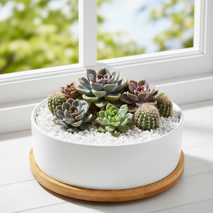 ARVINKEY White Ceramic Succulent Plant Pots, Set of 2 Round Planter Small Cactus Container, Bonsai Pots, Succulent Pots with Drainage Hole& Bamboo Tray (No Plant)