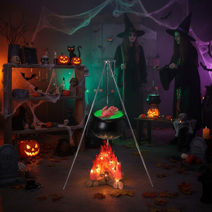 WinnerWhy 9 Pcs Large Witches Cauldron Halloween Decor Set Cauldron on Tripod with Spider Webs Fake Fire String Lights Fake Hand for Halloween Indoor and Outdoor Party Supplies