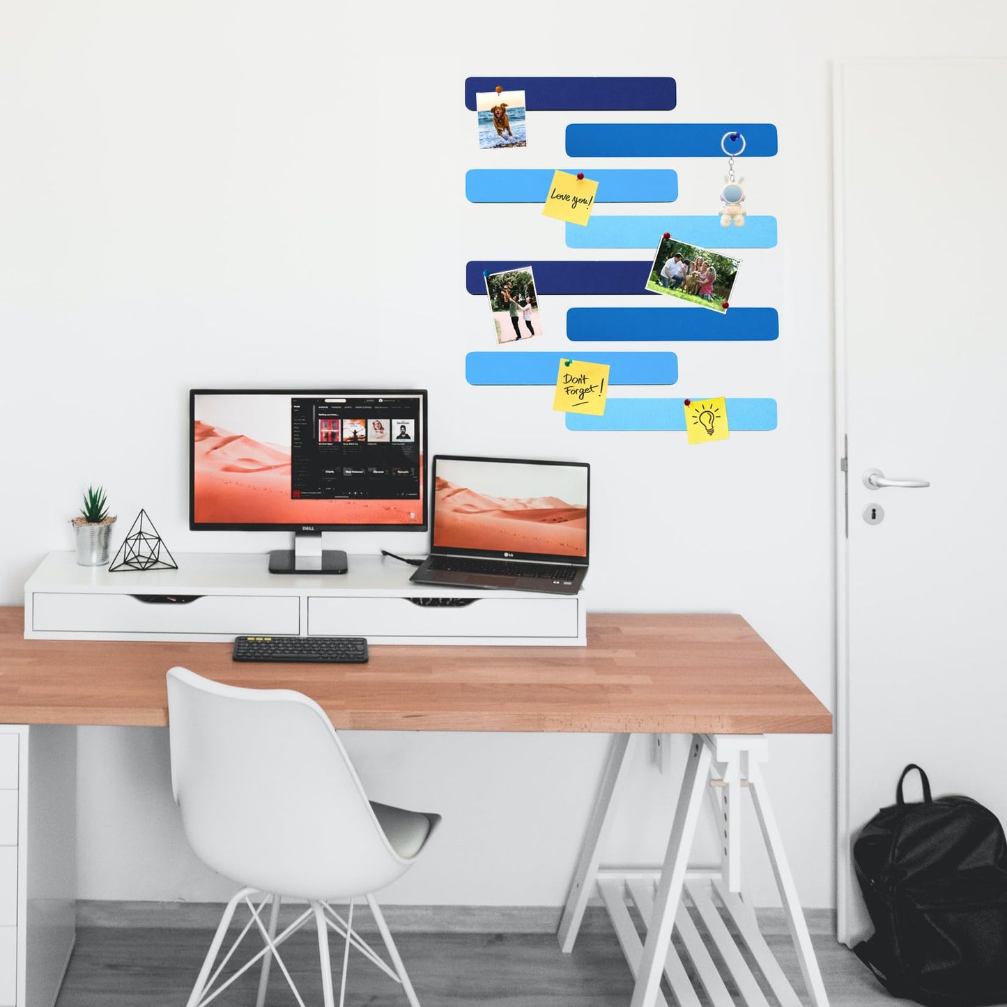HULAVO 8Pcs Rectangle Felt Cork Board Bar Strips with 35 Pushpins, Self-Adhesive Bulletin Board Strips for Office School Home Wall Decor Stickers Memos Schedules Photos Display -Gradual Blue
