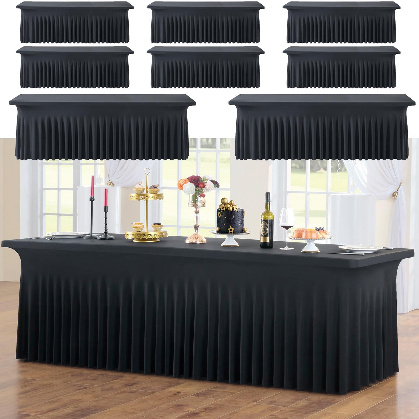 CO-AVE 8pk Black Spandex Tablecloths for 8ft Rectangle Tables, Wrinkle Free Wavy Table Skirt Stretchy 8 Foot Fitted Table Cloth Covers for Weddings Birthday Halloween Party Events Banqute Baby Shower