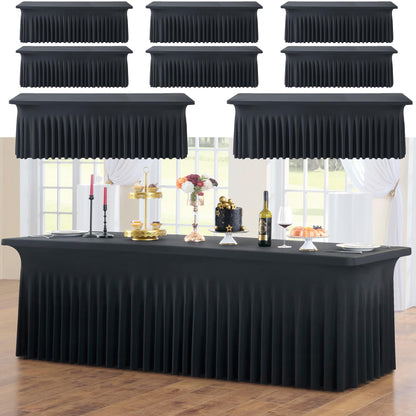 CO-AVE 8pk Black Spandex Tablecloths for 8ft Rectangle Tables, Wrinkle Free Wavy Table Skirt Stretchy 8 Foot Fitted Table Cloth Covers for Weddings Birthday Halloween Party Events Banqute Baby Shower