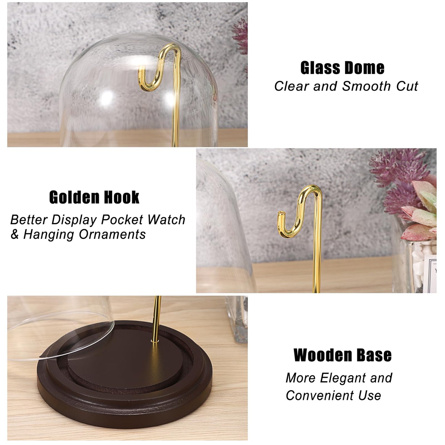 JUXYES 2 Pack Clear Watch Glass Display Dome Cloche With Hook, Dome Cloche with Hook with Wooden Base, Glass Dome Cloche Bell Terrarium Jar Cloche Bell Jar Display for Watch Ornaments