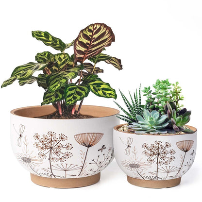 YBX 8 Inch + 6 Inch Ceramic Plant Pots, Succulent Flower Pots with Drainage Holes, Terracotta Planters for Indoor Plants, White&Terracotta (Garden)