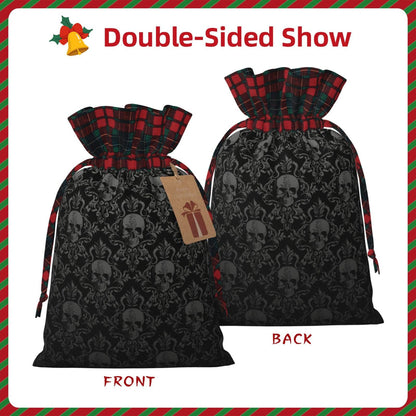 PVTIONXIE Gothic Black Skull Christmas Gift Bags with Drawstring, Reusable Gift Wrapping Bags For Xmas Holiday