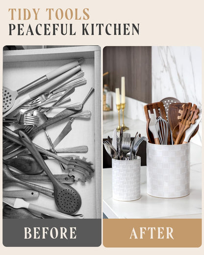 Nucookery Utensil Holder for Kitchen Counter, White Large Stable Ceramic Cooking Utensil Crock for Countertop Organizer, Farmhouse Decor, Set of 2, 7.1"&5.4", Christmas Thanksgiving Gift, Checkered