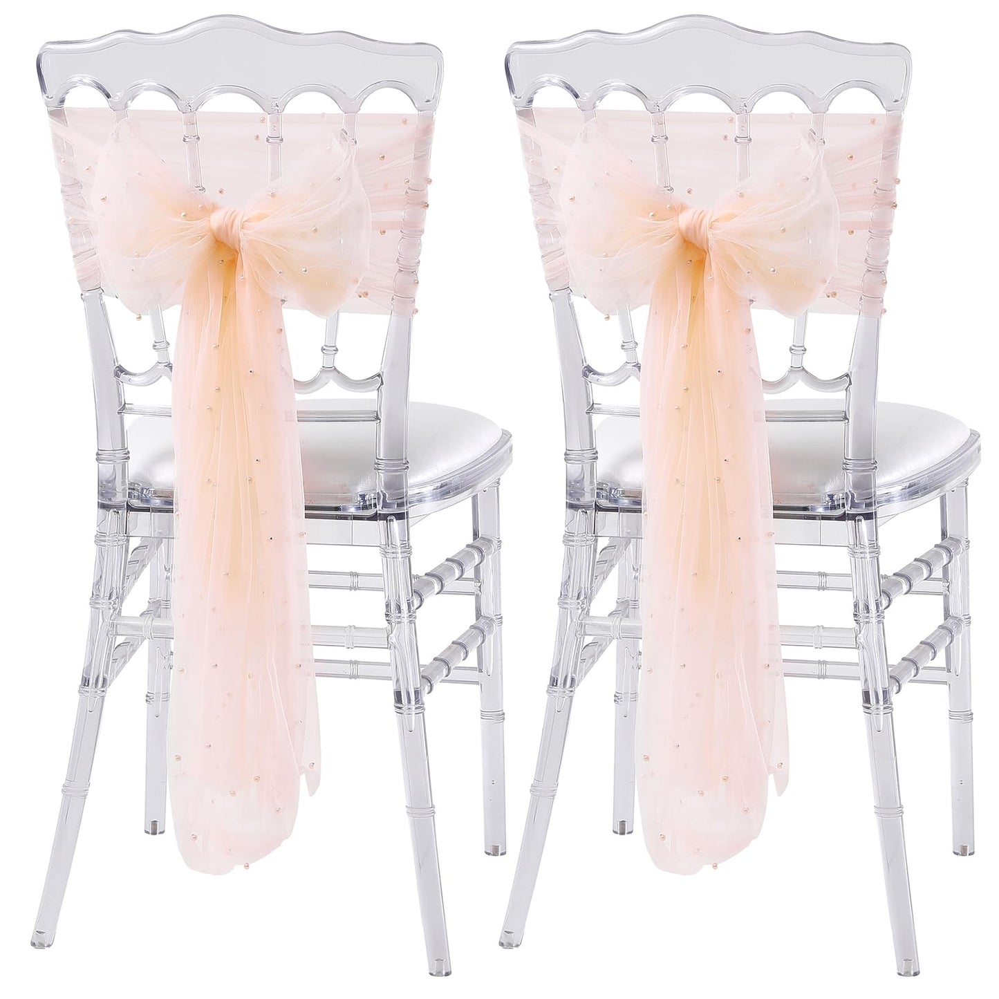 QueenDream Wedding Chair Sashes Aisle Decorations: Champagne Pearls Chair Cover 16 Pack 8FT Long Tulle Draping Fabric Reception Church