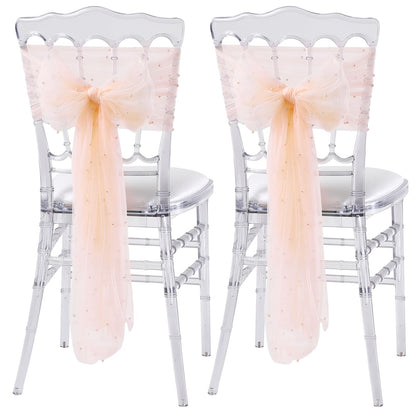 QueenDream Wedding Chair Sashes Aisle Decorations: Champagne Pearls Chair Cover 16 Pack 8FT Long Tulle Draping Fabric Reception Church