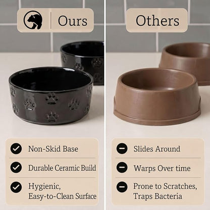 Ceramic Dog Bowl Set of 2 with Anti-Skid Base - 6.5" Wide x 2.5" Tall Ceramic Dog Bowls Medium Sized Dogs - 3.8 Cup Capacity Food and Water Bowls for Dogs - Rubber Bottom Pet Bowl Set of 2 Medium Size